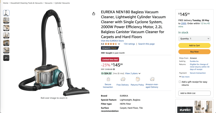 Amazon: EUREKA NEN180 Bagless Vacuum Cleaner- Was: $189.00, now $145.89